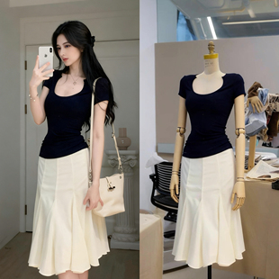 欧阳娜娜同款正肩修身辣妹短袖T恤杏色褶皱垂感气质高腰a字裙女春