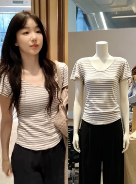 现货徐梦洁明星同款韩版圆领条纹T恤女春夏宽松百搭亲肤上衣女