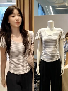 现货徐梦洁明星同款韩版圆领条纹T恤女春夏宽松百搭亲肤上衣女