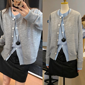 韩系休闲撞色假两件灰色针织衫 2026早春 女温柔软糯亲肤毛衣外套