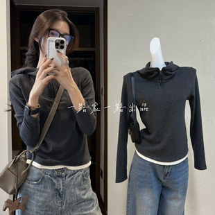 现货自发热羊绒假两件半拉链德绒连帽卫衣女秋冬显瘦保暖上衣帽衫