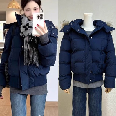 连帽毛领藏青色羽绒服小个子女