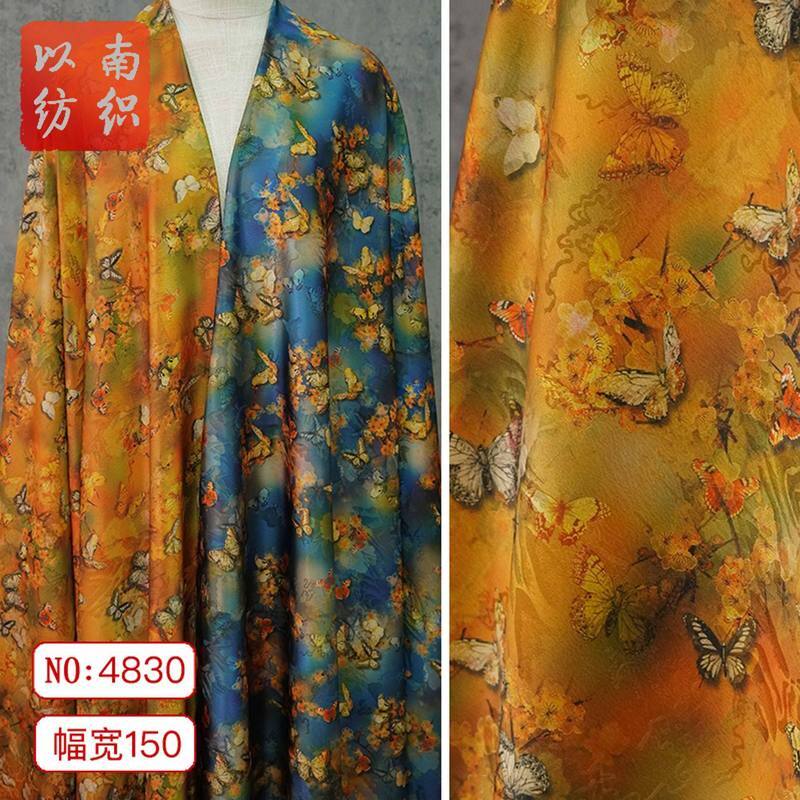 【蝶戏梅枝】春秋重磅香云纱中式外套旗袍提花面料古风蝴蝶印花布