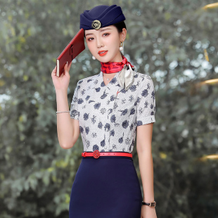 东航空姐制服女夏短袖职业衬衫印花气质衬衣空乘酒店前台工作服女