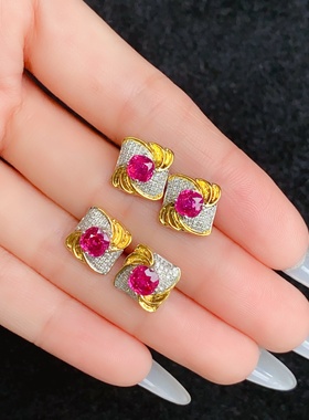 新品无烧红宝石耳钉主石1.5ct左右 钻石84颗 18k金拉丝配钻石