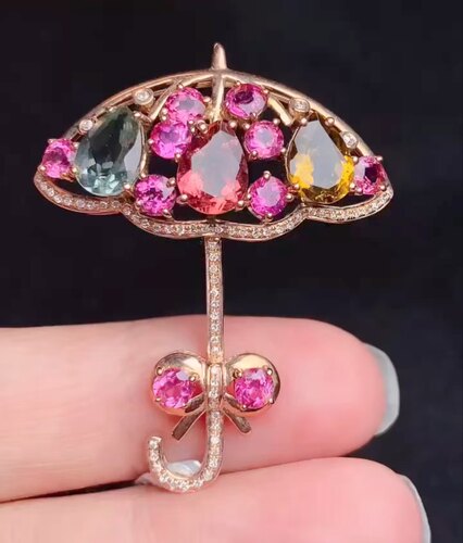 18K金糖果色碧玺小雨伞吊坠主石5.92ct+总重5.58g+钻石70粒