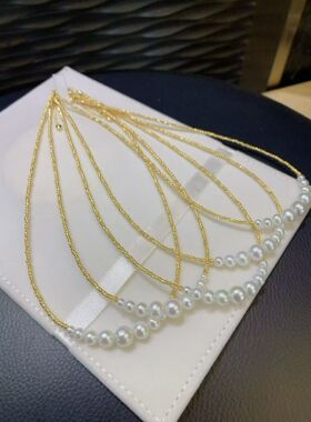 高品质4-8MM渐变淡水珠，S925银镭射金球项链