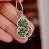 A货高冰阳绿 天然翡翠葫芦吊坠 双葫芦设计 8mm葫芦 S925纯银 约6