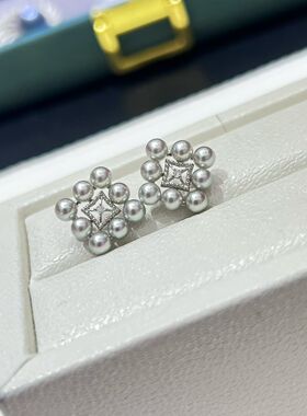 18K金天然钻石海水真多麻珍珠耳钉3-4mm正圆天然色海水ak真多麻