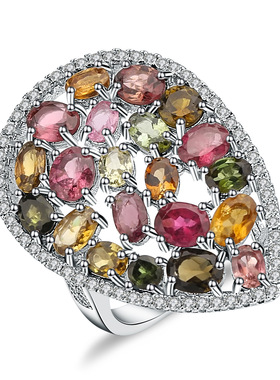 奢华群镶天然碧玺戒指现货复古豪华s925银镶嵌天然宝石戒指