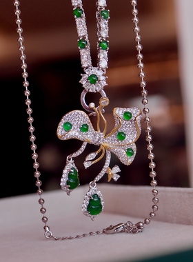 s925银天然翡翠吊坠胸针两用款 约45*30mm A货高冰 2颗阳绿葫芦