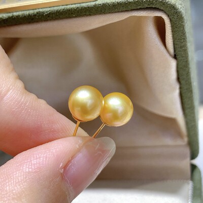 9～10mm  浓金色金珍珠耳钉babymini珠耳钉 正圆 18K加厚厚金耳钉