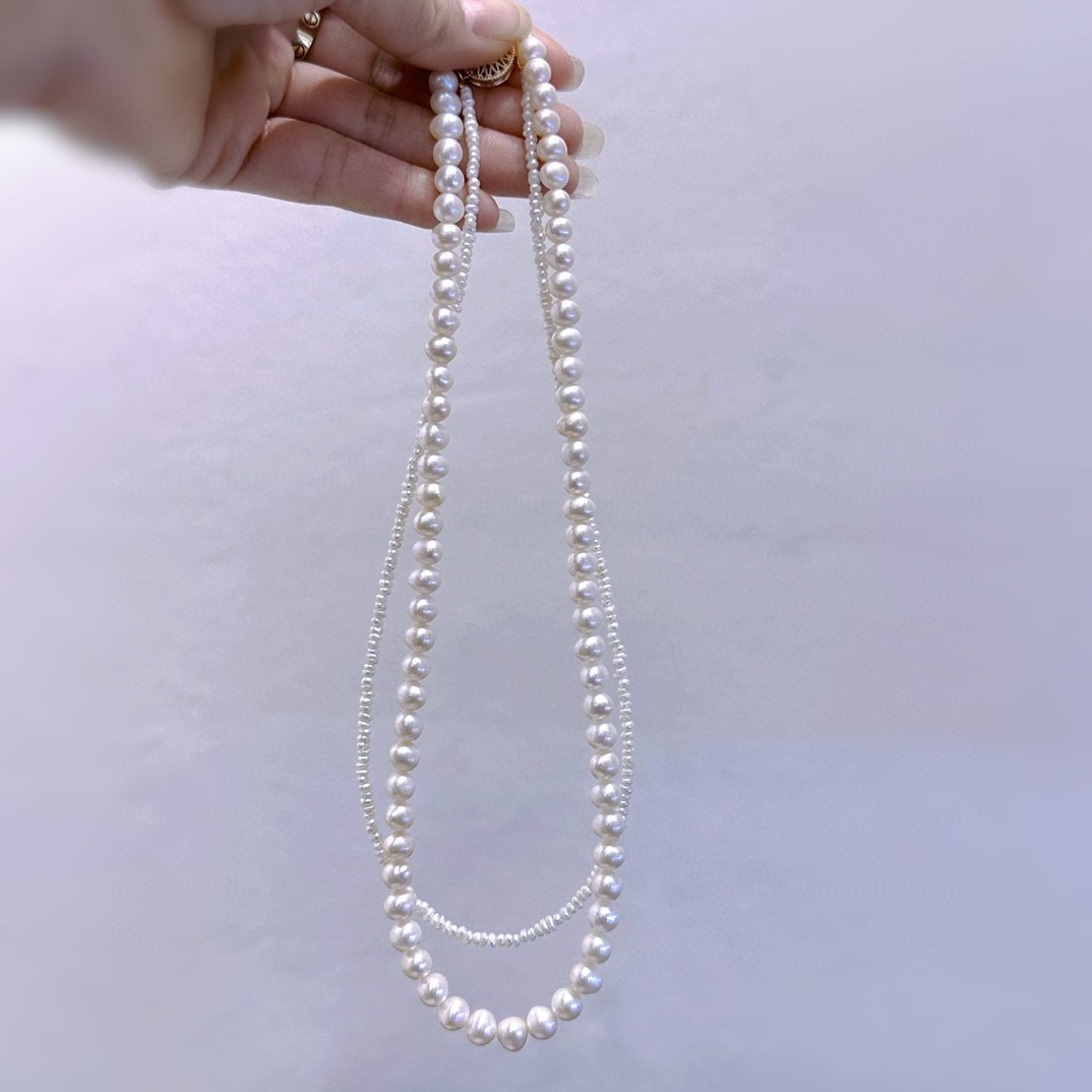 天然淡水无核高品珍珠双层项链，珠光爆亮爆美！大珠7mm左右