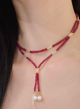 2.5-4mm红宝石磁吸项链，尾部坠极光淡水珠，S925银，总长80cm