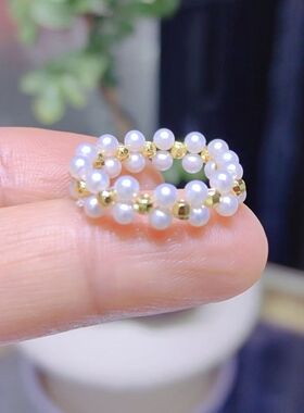 编织戒指，极光3-4mm天然淡水ak 配s925银镭射球