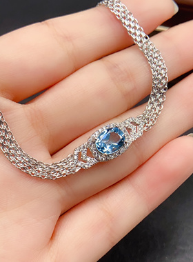 S925银镶嵌天然瑞士蓝托帕石手链，主石6*8mm，附权威证书