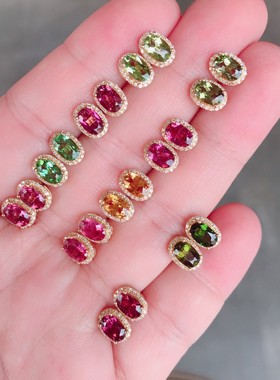 18k镶南非真钻碧玺耳钉石重0.78～1.01ct钻石40颗5.6*7.8mm