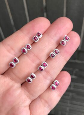 特价捡漏18K金钻石天然红宝石耳钉石重23分 钻石28颗尺寸4*5mm