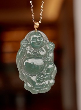 一物一证“佛保平安” 18k金天然蓝水翡翠佛公吊坠约40*26mm