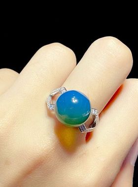 S925银镶墨西哥蓝珀戒指，尺寸：12mm ，附证书