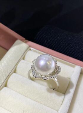 S925银海水澳白珍珠戒指，10-11mm   天然镜面钻石冷白光