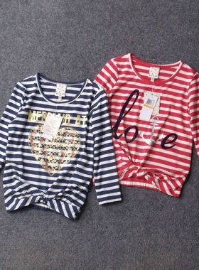 C810-外贸小码圆领七分袖条纹印花T恤衫