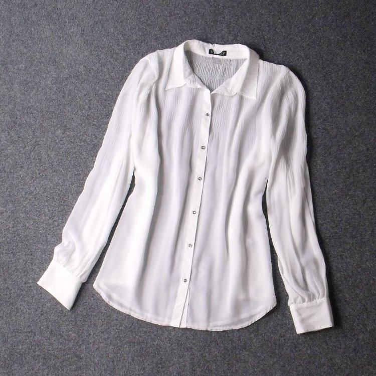 1561-外贸原单压褶雪纺 垂顺抗皱 超大码水钻纽扣长袖白衬衫