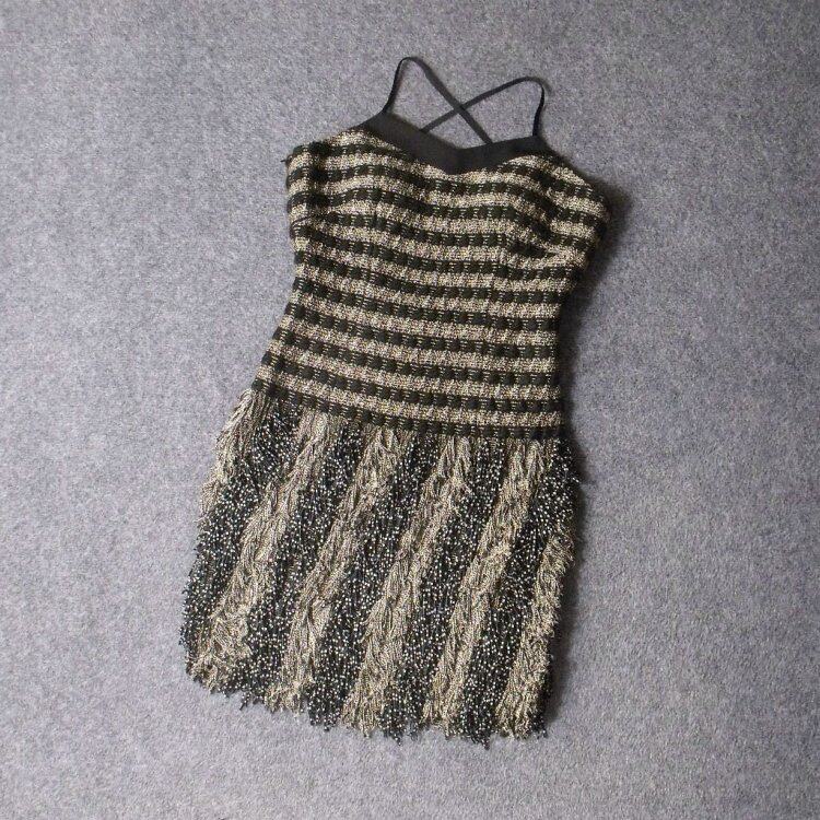 7236-小香风花呢流苏罩杯式礼服裙免穿文胸立裁修身显瘦连衣裙