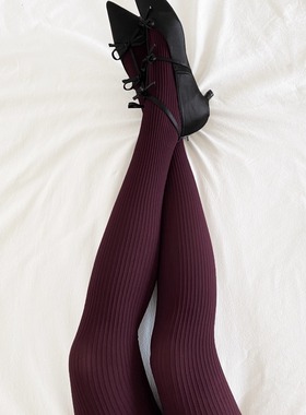 tu厚丝袜80D竖条纹显瘦哑光复古轻奢深灰色酒红色连裤袜子女秋季