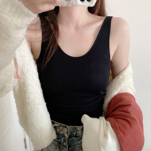 带胸垫背心德绒羊毛保暖内衣女