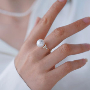 DIY珍珠配件 S925 纯银戒指空托 时尚金色银色银饰托 配10-12mm圆