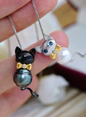 DIY珍珠配件 S925 纯银吊坠空托 黑色银色项链坠 配10-12mm圆巴珠