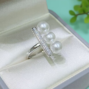 S925 配6 纯银戒指空托 银饰托 7mm圆 金色银色厚版 DIY珍珠配件