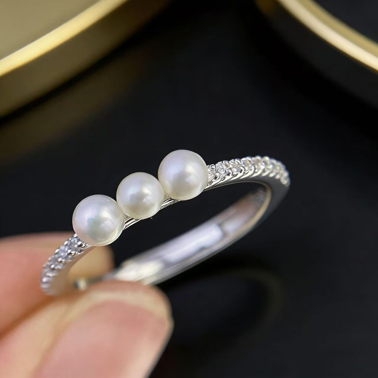 DIY珍珠配件 S925 纯银戒指空托 金色银色K金版银饰托 配3-4mm圆