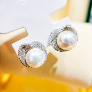 DIY珍珠配件 S925 纯银耳钉空托 金色银色银饰耳环 配9-12mm圆珠