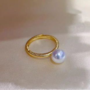 S925 配7 纯银戒指空托 金色银色银饰托 10mm圆 时尚 DIY珍珠配件