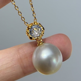 配9 金色银色吊坠带银链 13mm圆巴 S925纯银套链空托 DIY珍珠配件