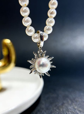 DIY珍珠配件 S925 纯银吊坠空托 金色银色扣子项链坠 配7-9mm圆扁