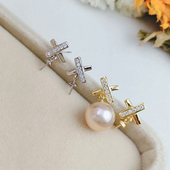 配7 DIY珍珠配件空托 10mm圆椭珠 款 女 S925纯银 珍珠耳钉空托时尚