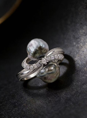 DIY珍珠配件 S925 纯银戒指空托 金色银色双珠银饰托 配5-6mm圆异