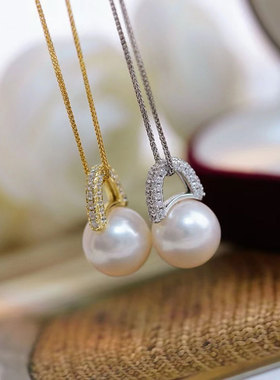 DIY珍珠配件 S925 纯银吊坠空托 金色银色项链坠 配10-13mm圆巴珠