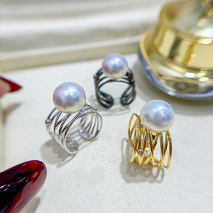 DIY珍珠配件 S925 纯银戒指空托 金色银色黑色银饰托 配8-13mm圆