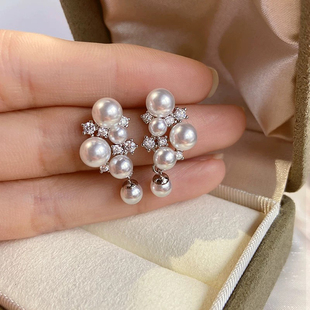 S925 配3 纯银耳钉空托 银饰金色银色耳环 6mm圆 时尚 DIY珍珠配件