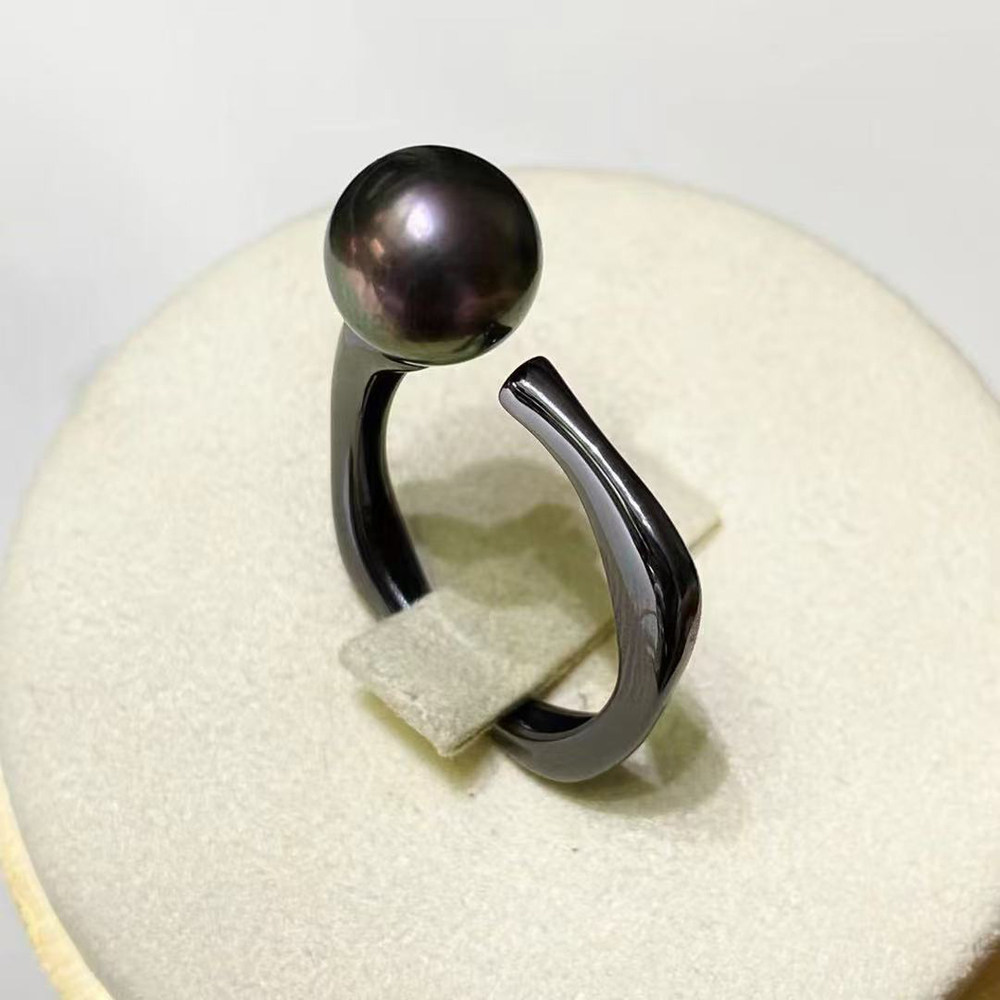 DIY珍珠配件 S925 纯银戒指空托 时尚简约个性黑色银饰托8-10mm圆