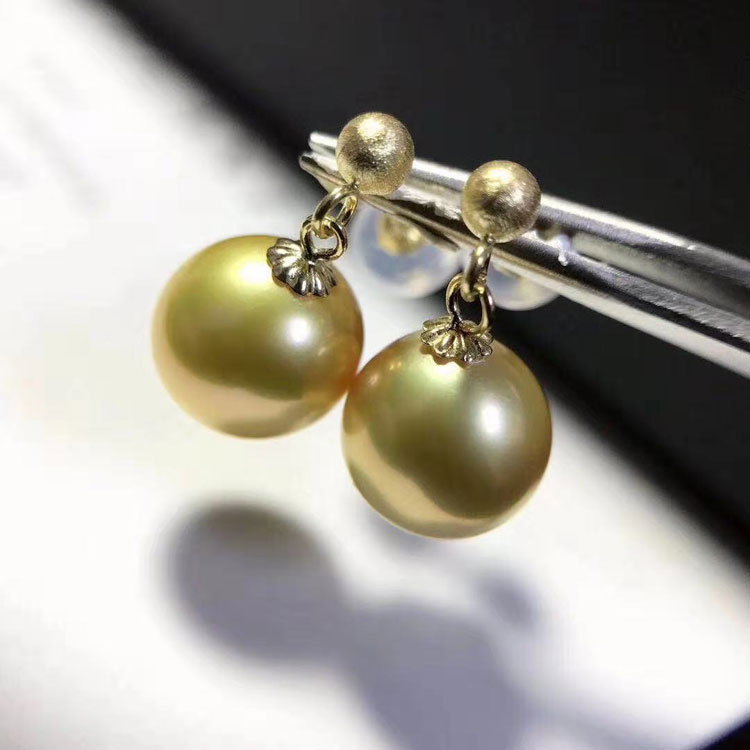 DIY珍珠配件 G18K黄金耳钉空托 磨砂珍珠耳环空托 配8-10mm正圆珠