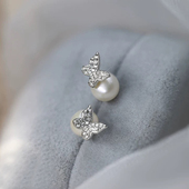 S925 纯银耳钉空托 金色银色蝴蝶银饰耳环 DIY珍珠配件 配6 9mm圆