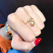 DIY珍珠配件 9mm圆椭珠 配6 S925银调节 珍珠玉石戒指戒托蝴蝶结