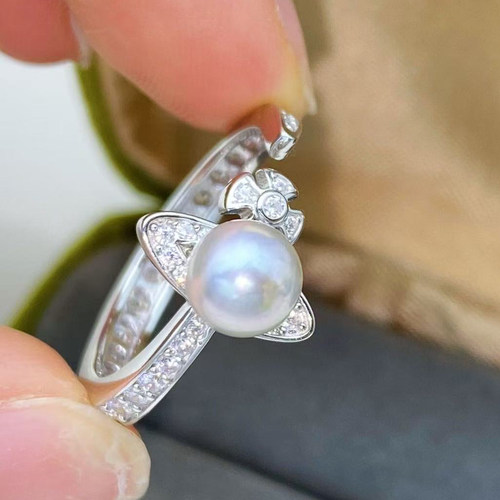 DIY珍珠配件 S925 纯银戒指空托 金色银色西太后银饰托 配7-8mm圆