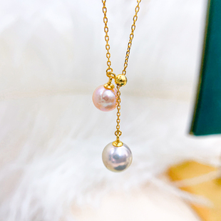 DIY珍珠配件 S925纯银套链空托 双珠款项链带银链 配6-10mm圆椭珠