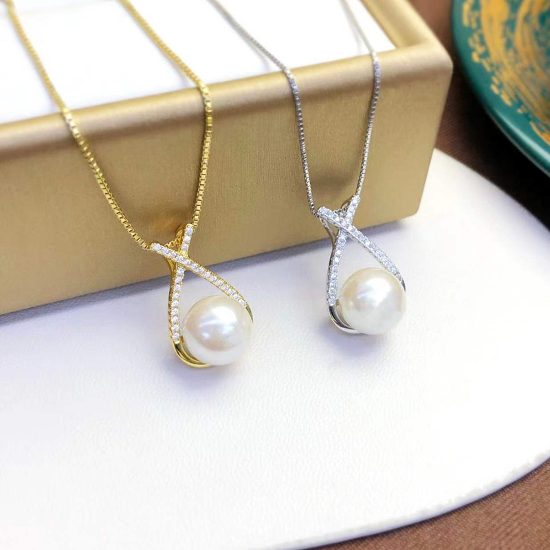 DIY珍珠小配件 S925纯银吊坠空托 遮瑕款银饰项链坠 配9-10mm圆扁